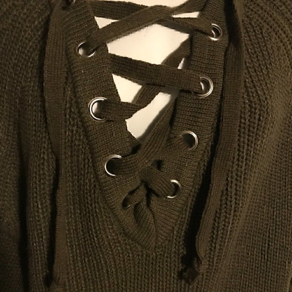 Military Hippe Lace Up V-neck Neck Green Knit Sweater one size - Picture 9 of 14